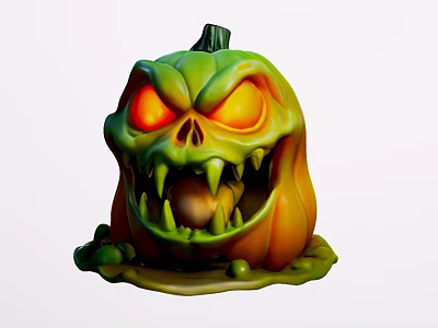 Scary Halloween Pumpkin Decoration With Glowing Red Eyes Sharp Fangs And Green Slime 3d model