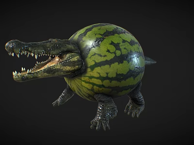 3D Rendered Unique Hybrid Creature With Crocodile Head Green Black Striped Watermelon Body 3d model