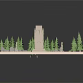 Cartoon Scene With Ancient Tower Green Grass And Tall Pine Trees 3d model