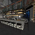 Industrial Style Restaurant Interior With Open Bar Counter Wooden Bookshelves And Chandeliers
