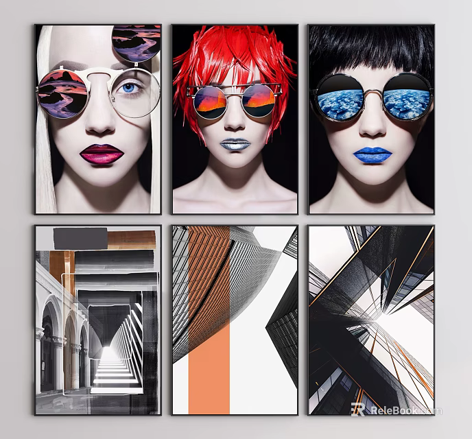 Colorful Sunglasses Female Portraits And Abstract Geometric Architectural Art Prints 3d model 