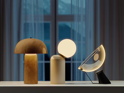 Modern Room Interior Three Table Lamps Different Designs Wooden Cylindrical And Transparent Arc Bases 3d model