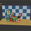 Household Items On Wooden Countertop With Stacked Bowls Green Container Red Mat And Checkered Wall