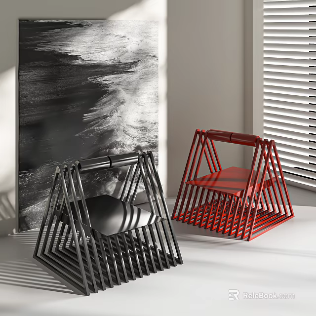 Black And Red Leisure Chairs With Geometric Frame In Modern Interior With Abstract Art 3d model 