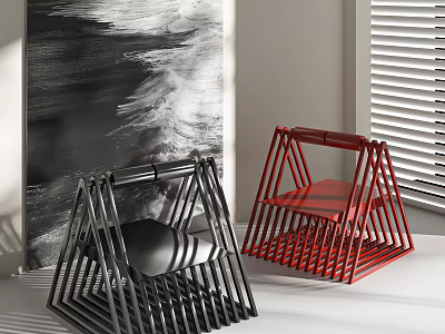 Black And Red Leisure Chairs With Geometric Frame In Modern Interior With Abstract Art 3d model