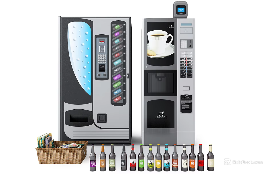 Commercial Beverage And Coffee Vending Machines With Colorful Drink Bottles And Snack Basket 3d model 