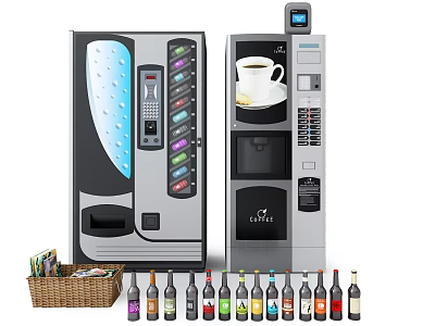 Commercial Beverage And Coffee Vending Machines With Colorful Drink Bottles And Snack Basket 3d model