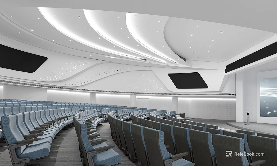 Modern Conference Room With Rows Of Blue Chairs And Curved White Ceiling Design 3d model 