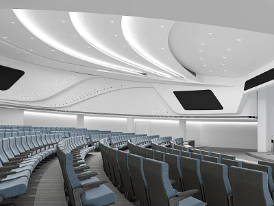 Modern Conference Room With Rows Of Blue Chairs And Curved White Ceiling Design 3d model