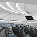 Modern Conference Room With Rows Of Blue Chairs And Curved White Ceiling Design