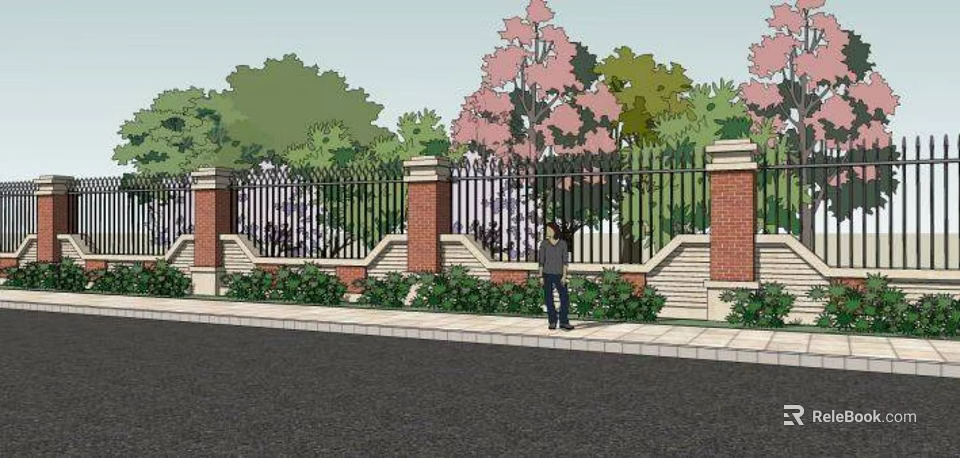 Building Exterior Wall With Red Brick Pillars Black Iron Fence Green Plants Along Sidewalk 3d model 