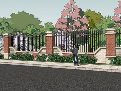Building Exterior Wall With Red Brick Pillars Black Iron Fence Green Plants Along Sidewalk 3d model