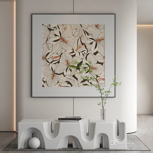 Floral Pattern Decorative Wall Art With White Shelf Vase And Books 3d model 