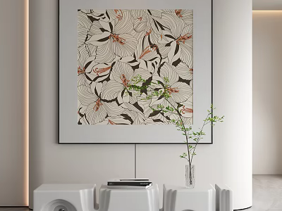 Floral Pattern Decorative Wall Art With White Shelf Vase And Books 3d model