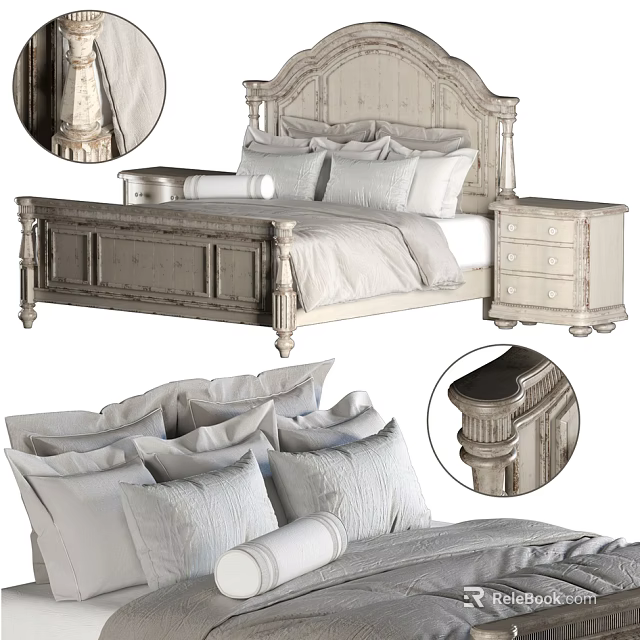 Light Colored Wooden Double Bed With Carved Headboard Plush Pillows And Nightstand 3d model 