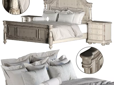 Light Colored Wooden Double Bed With Carved Headboard Plush Pillows And Nightstand 3d model