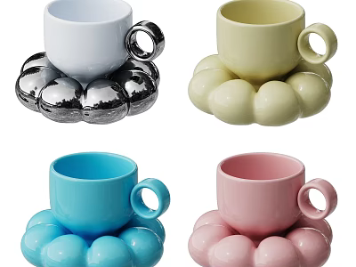 Colorful Ceramic Mugs With Spherical Coasters In White Beige Blue Pink Design 3d model