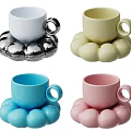 Colorful Ceramic Mugs With Spherical Coasters In White Beige Blue Pink Design