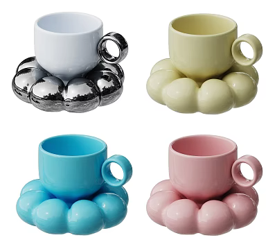 Colorful Ceramic Mugs With Spherical Coasters In White Beige Blue Pink Design 3d model