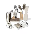 Minimalist Decorative Ornament Combination With Wooden Vases Dried Flowers Books And Coffee Cup