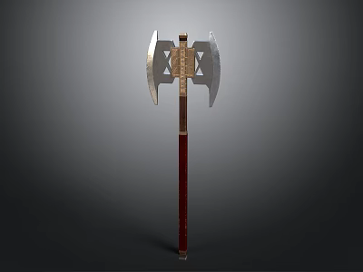 Decorative Double Bladed Axe With Metal Blades Red And Brown Handle And Intricate Design 3d model