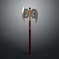Decorative Double Bladed Axe With Metal Blades Red And Brown Handle And Intricate Design