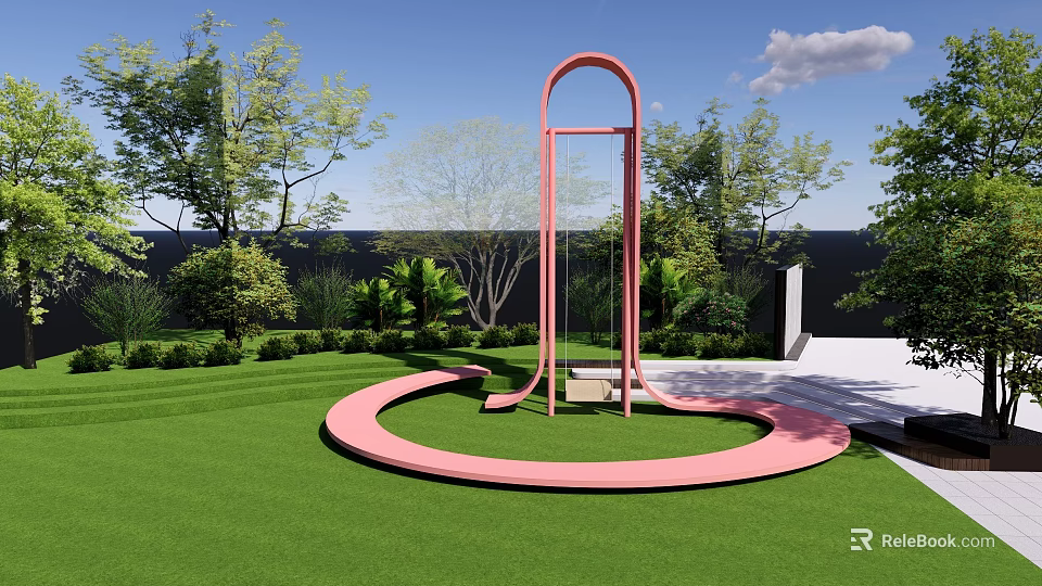 Park Landscape Featuring Pink Arch Structure Circular Path Green Lawn Trees Blue Sky White Clouds 3d model 