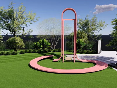 Park Landscape Featuring Pink Arch Structure Circular Path Green Lawn Trees Blue Sky White Clouds 3d model