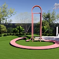 Park Landscape Featuring Pink Arch Structure Circular Path Green Lawn Trees Blue Sky White Clouds 3d model