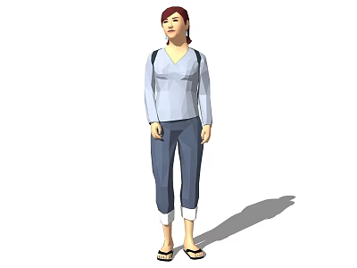 A Woman Wearing Blue Long Sleeve Top And Dark Pants With Backpack Standing 3d model