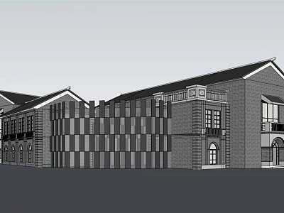 Modern Traditional Commercial Complex With Brick Facade And Balcony Design 3d model