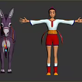 Purple Donkey Standing Next To A Person In Colorful Outfit With Arms Outstretched