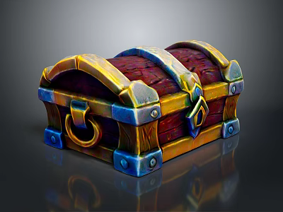 Wooden Treasure Chest With Gold Blue Metal Accents Lock Clasp And Textured Surface 3d model