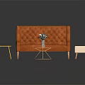 Tufted Orange Sofa And Round Glass Coffee Table Set With Beige Stools Gold Mesh Chairs