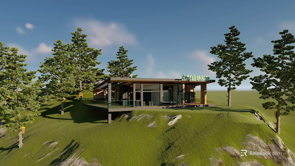 Modern Detached Villa on Hillside Lawn with Large Glass Windows and Trees 3d model 