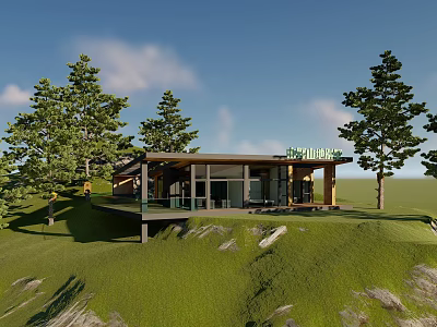 Modern Detached Villa on Hillside Lawn with Large Glass Windows and Trees 3d model