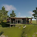 Modern Detached Villa on Hillside Lawn with Large Glass Windows and Trees