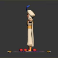 Animated 3D Character In White Outfit Blue Cape Feather Hat And Sword On Purple Carpet