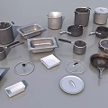 Stainless Steel Kitchenware with Baking Pans Pots Bowls Lids Measuring Cups Neatly Arranged