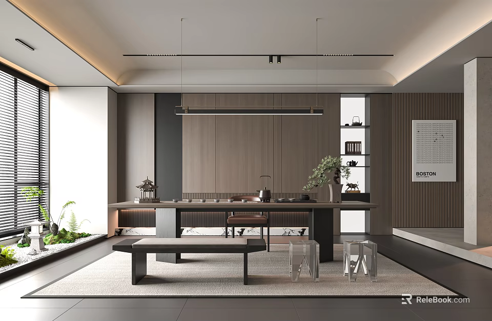 Modern Tea Room Interior Design With Wooden Long Table Tea Sets Green Plants And Natural Light 3d model 