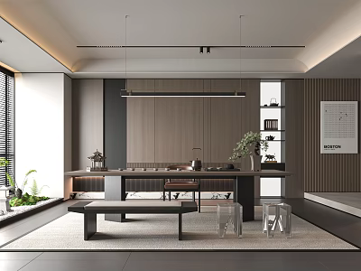 Modern Tea Room Interior Design With Wooden Long Table Tea Sets Green Plants And Natural Light 3d model