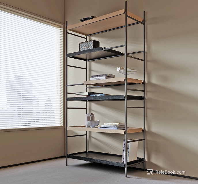 Modern Multi Tier Storage Shelf In Living Room With Books Decor Items And City View 3d model 