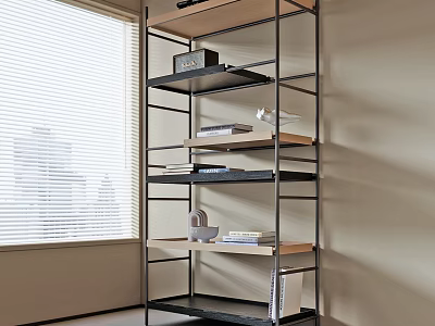 Modern Multi Tier Storage Shelf In Living Room With Books Decor Items And City View 3d model