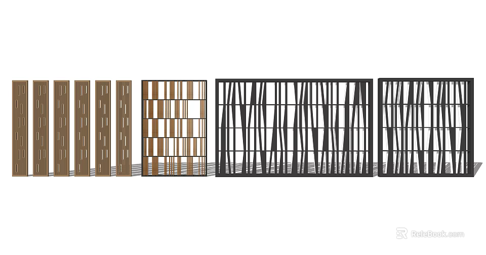 Contemporary Room Partition Screens With Wooden Grilles And Black Metal Slats 3d model 