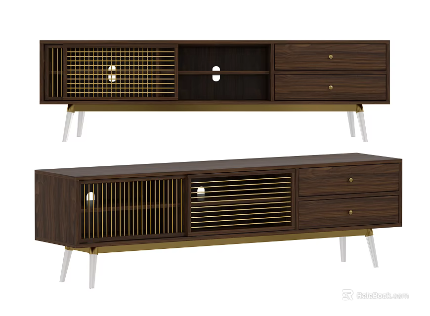 Modern Wooden TV Stand With Drawers Gold Metal Grilles And Silver Legs 3d model 