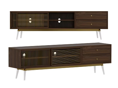 Modern Wooden TV Stand With Drawers Gold Metal Grilles And Silver Legs 3d model