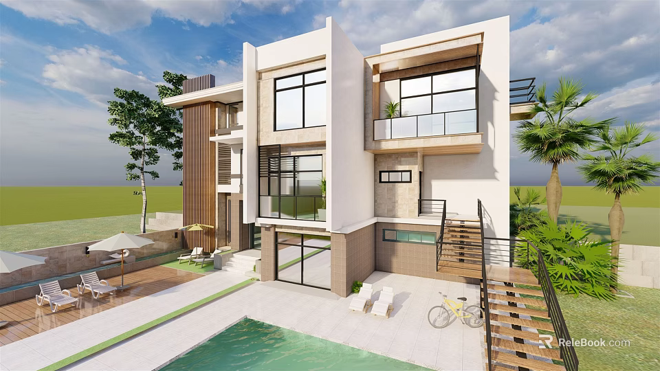 Modern Detached Villa With Large Windows Balcony Swimming Pool And Outdoor Greenery 3d model 