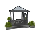 Traditional Wooden Pavilion With Glass Roof Surrounded By Green Plants Stone Table And Stools