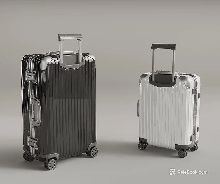 Black And White Metallic Striped Suitcases With Telescopic Handle And Wheels 3d model 