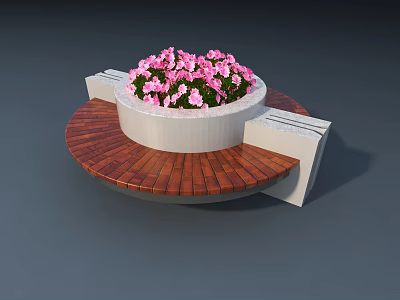 Modern Circular Outdoor Chair With Wooden Seating And Central Flower Planter 3d model